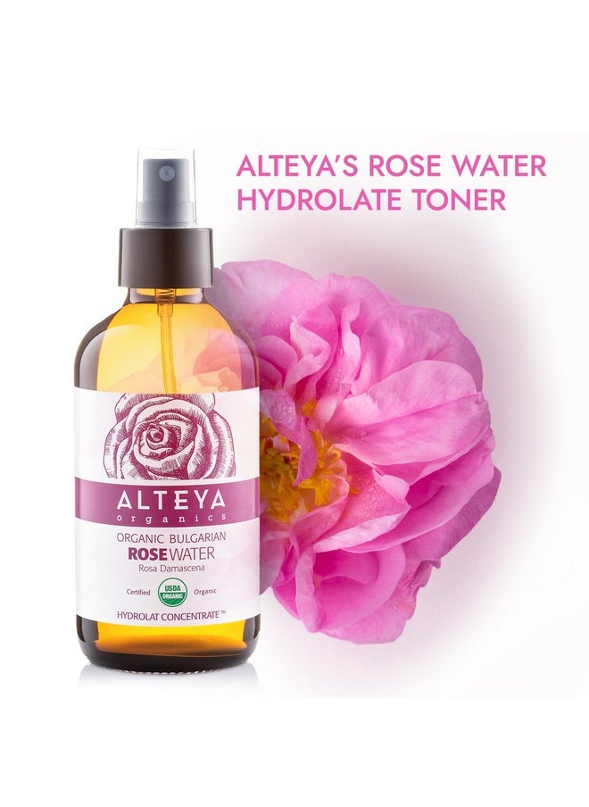 Alteya Organics Rose Water USDA Certified Organic Facial Toner, 8 Fl Oz/240mL Pure Bulgarian Rosa Damascena Flower Water, Award-Winning Moisturizer Amber Glass Spray Bottle