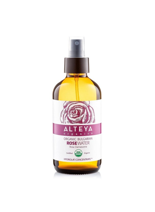 Alteya Organics Rose Water USDA Certified Organic Facial Toner, 8 Fl Oz/240mL Pure Bulgarian Rosa Damascena Flower Water, Award-Winning Moisturizer Amber Glass Spray Bottle