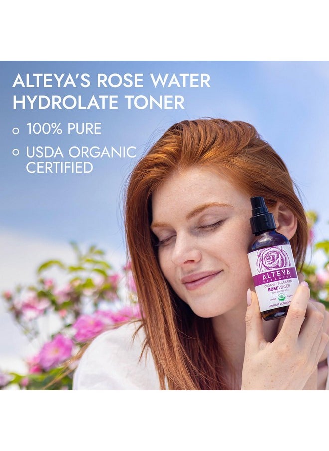 Alteya Organics Rose Water USDA Certified Organic Facial Toner, 8 Fl Oz/240mL Pure Bulgarian Rosa Damascena Flower Water, Award-Winning Moisturizer Amber Glass Spray Bottle