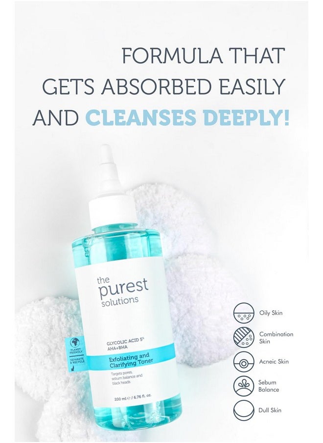 The Purest Solutions Exfoliating and Clarifying Toner (Glycolic Acid 5% AHA + BHA) - for All Skin Types - Balance Sebum Secretion - Reduce Pores Appearance - Vegan | Cruelty Free (6.76 fl. oz)