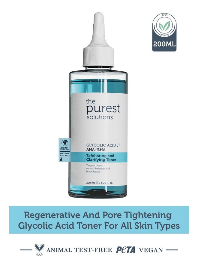 The Purest Solutions Exfoliating and Clarifying Toner (Glycolic Acid 5% AHA + BHA) - for All Skin Types - Balance Sebum Secretion - Reduce Pores Appearance - Vegan | Cruelty Free (6.76 fl. oz)