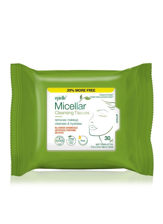 Epielle Micellar Makeup Cleansing Wipes | Gentle, Hypoallergenic, Alcohol-Free | Suitable for All Skin Types | 30 Towelettes (4-Pack) | Korean Beauty Skincare