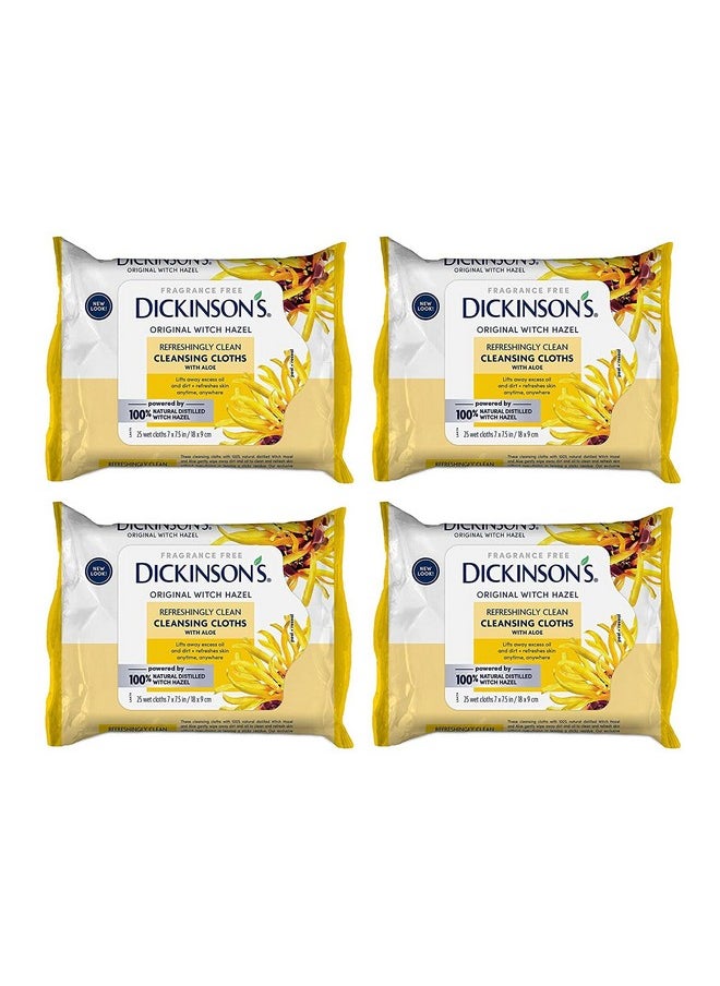 Dickinson's Original Witch Hazel Refreshingly Clean Cleansing Cloths with Aloe, 4 Pack, 25 Cloths per Pack