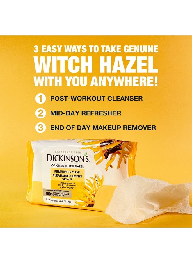 Dickinson's Original Witch Hazel Refreshingly Clean Cleansing Cloths with Aloe, 4 Pack, 25 Cloths per Pack