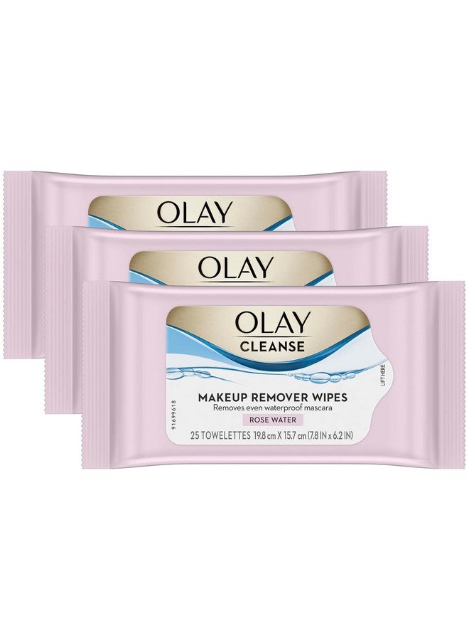 Olay Cleanse Makeup Remover Cleansing Face Wipes, Daily Facial Towelettes, Rose Water, 25 Count, 3 Pack