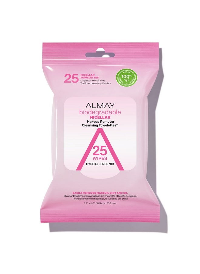 Almay Makeup Remover Cleansing Towelettes, Biodegradable Micellar Water Wipes for Sensitive Skin, Hypoallergenic, Cruelty Free, Fragrance Free, 25 Count