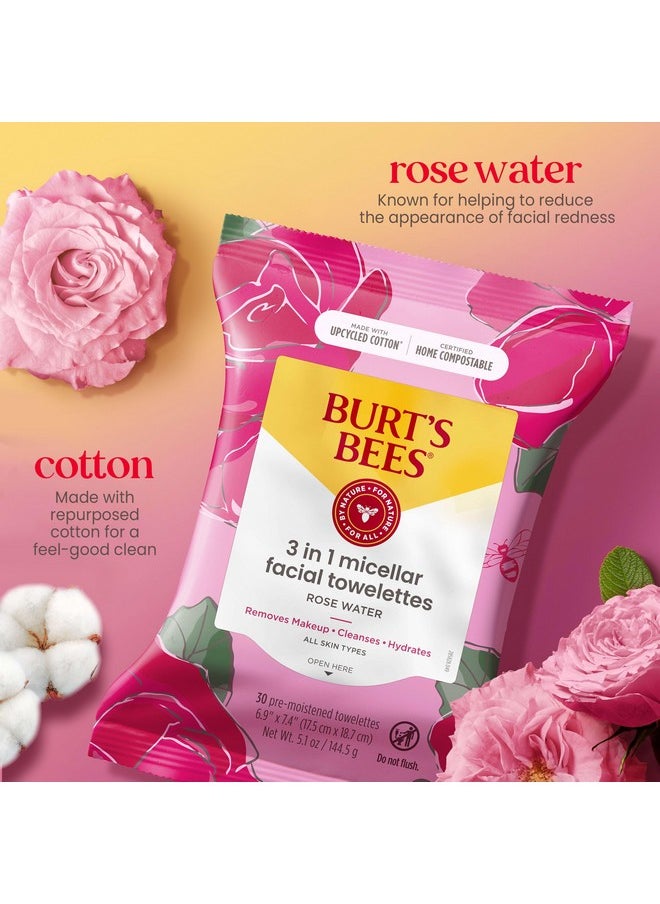 Burt's Bees Stocking Stuffers, Rose Water Face Wipes, for All Skin Types, Hydrating Micellar Makeup Remover & Facial Cleansing Towelettes, Skin Care Christmas Gifts, 30 Ct (3-Pack)