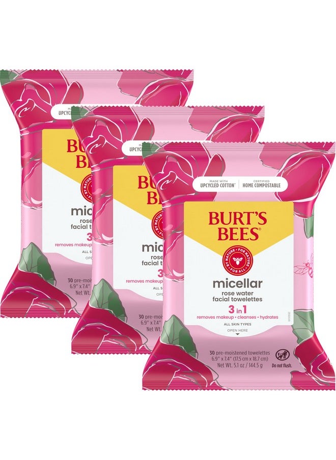 Burt's Bees Stocking Stuffers, Rose Water Face Wipes, for All Skin Types, Hydrating Micellar Makeup Remover & Facial Cleansing Towelettes, Skin Care Christmas Gifts, 30 Ct (3-Pack)