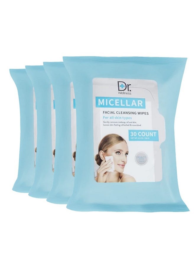 Dr. Wellness Gentle Cleansing Facial Wipes Variety Pack for All Skin Types, 30 Count (Pack of 4), Micellar