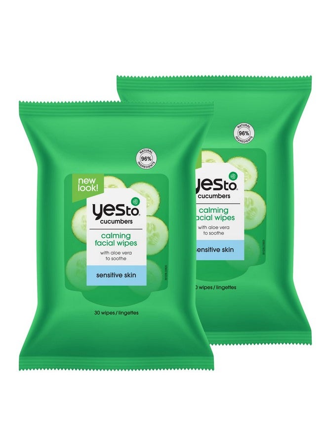 Yes To Face Wipes for Women and Men, Sensitive Facial Cleansing Wipes for use as a Make Up Remover, Cleaning, Soothing, Cucumbers Aloe Vera (Pack of 2)
