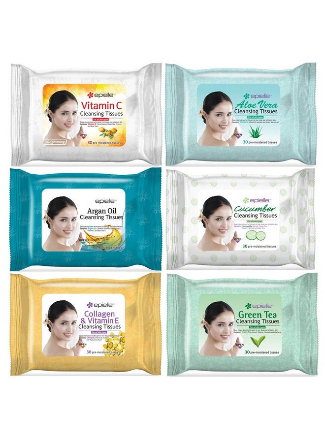 Epielle OG Makeup Remover Cleansing Wipes Tissue | Gentle for all Skin Types | Daily Facial Cleansing Towelettes | Removes Dirt, Oil, Makeup | Nicely Scented | 30 Count | Assorted 6 Pack