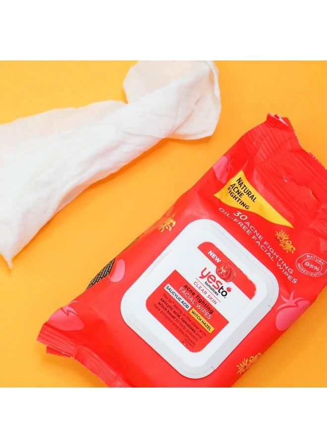 Yes To Tomatoes Clear Skin Acne Fighting Facial Wipes, Acne Prone Skin + Helps Control Oil + Salicylic Acid + 95% Natural Ingredients, 30 Count (Pack of 2)