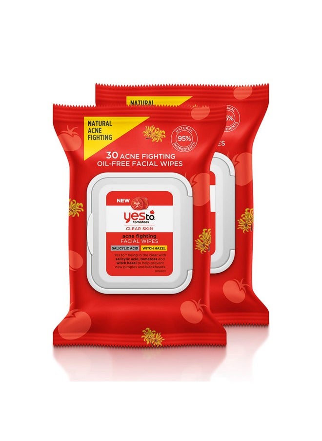 Yes To Tomatoes Clear Skin Acne Fighting Facial Wipes, Acne Prone Skin + Helps Control Oil + Salicylic Acid + 95% Natural Ingredients, 30 Count (Pack of 2)