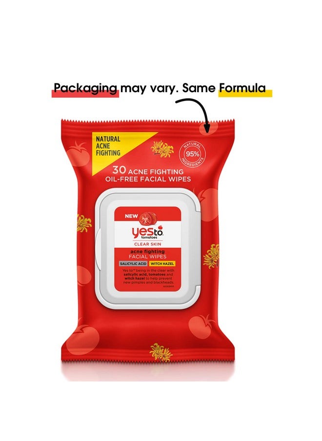 Yes To Tomatoes Clear Skin Acne Fighting Facial Wipes, Acne Prone Skin + Helps Control Oil + Salicylic Acid + 95% Natural Ingredients, 30 Count (Pack of 2)