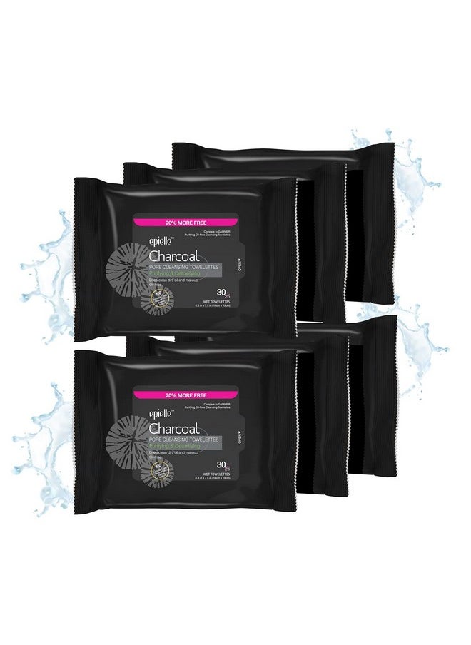 Epielle Charcoal Makeup Remover Wipes | Soft & Gentle for All Skin Types | Removes Dirt, Oil, Waterproof Makeup | 6 Pack | Korean Skincare
