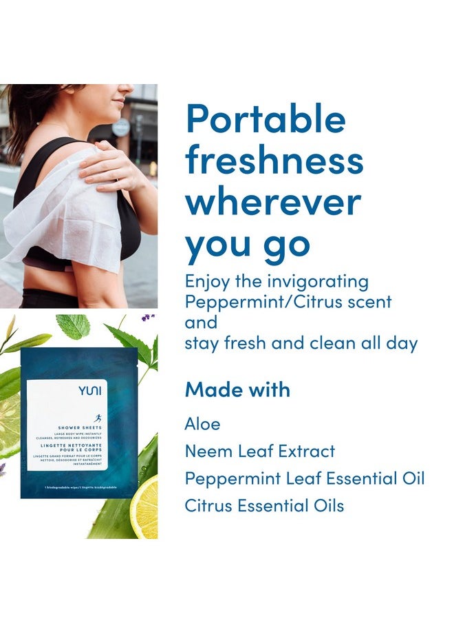 YUNI Beauty Large Body Wipes, Peppermint Citrus, 12 Count, Compostable, Biodegradable, No Rinse Body Cleanser, On-the-Go Shower Alternative