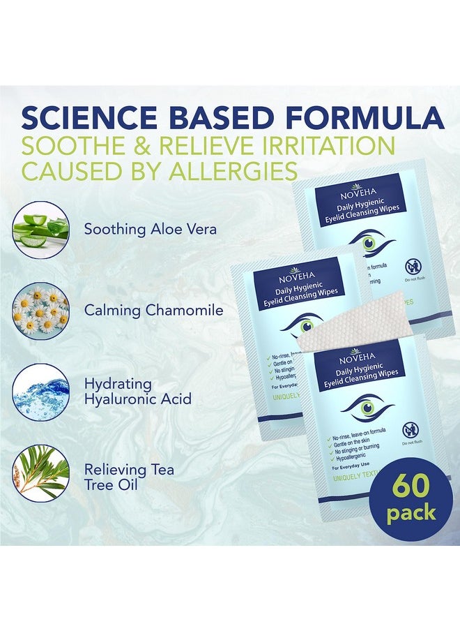 NOVEHA Daily Hygienic Eyelid & Lash Wipes | For Blepharitis & Itchy Eyes, Demodex | Box Of 60 Individually Wrapped Eyelash Wipes, Natural Makeup Remover & Daily Cleanser