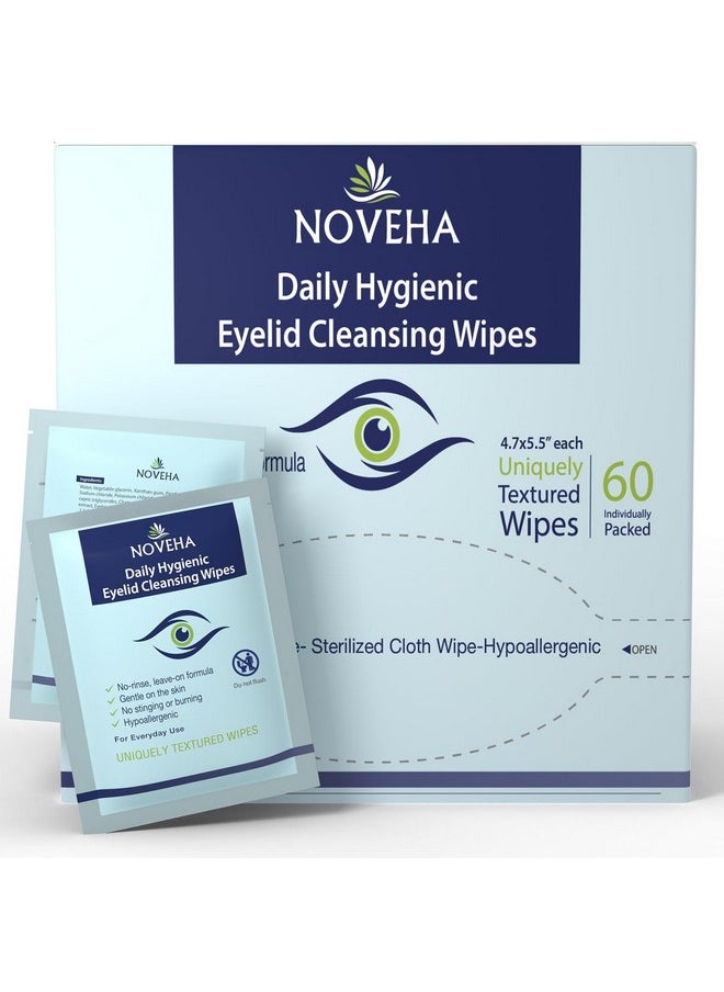 NOVEHA Daily Hygienic Eyelid & Lash Wipes | For Blepharitis & Itchy Eyes, Demodex | Box Of 60 Individually Wrapped Eyelash Wipes, Natural Makeup Remover & Daily Cleanser