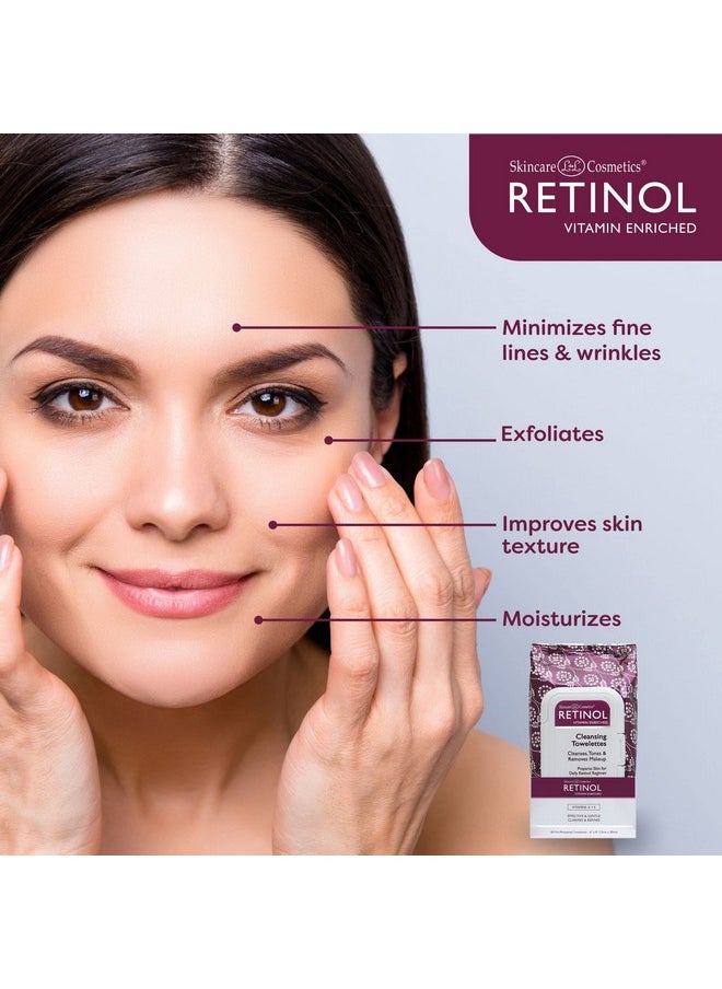 Retinol Anti-Aging Cleansing Towelettes - All-in-One Cleanser, Toner & Makeup Remover in a Convenient Pre-Moistened Wipe - On-The-Go Exfoliating, Toning & Hydrating Leaves Skin Clean, Fresh & Refined