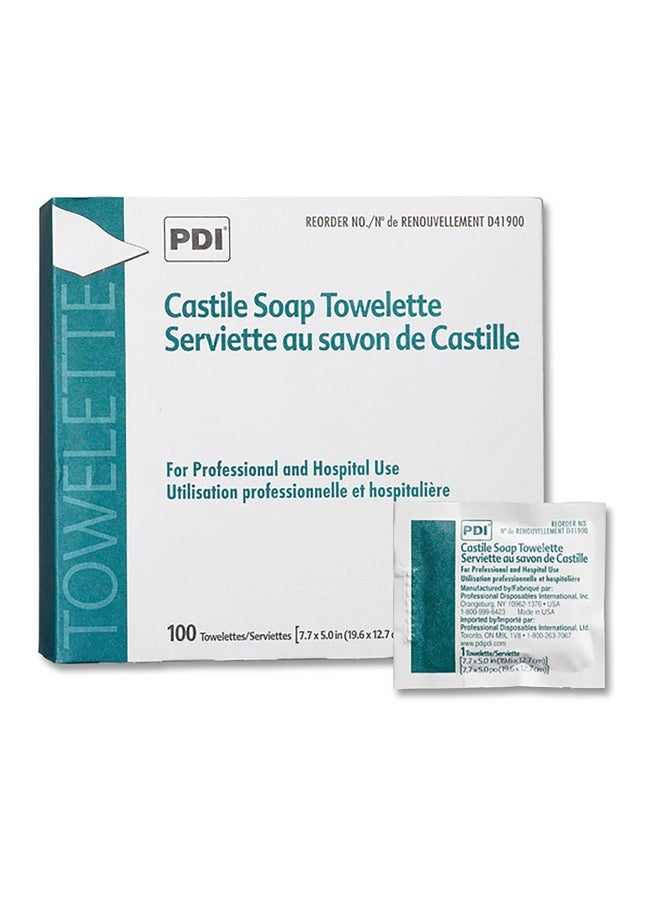 PDI Castile Soap Towelette - Premoistened Facial Cleansing Wipe with Coconut Oil, Great for Travel - Individual Packet, 7.7 in. x 5in., 100 Count, 3 Packs, 300 Total