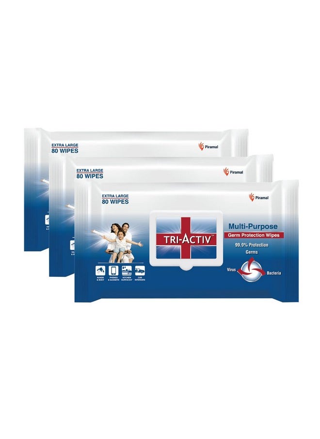 Tri-Activ Multi-Purpose Germ Protection Wipes | Disinfectant Wipes | Wet Wipes for Cleaning | Safe on Skin | Cleans appliances | Enriched with Aloe vera | 33% Extra Large 80 Wipes Lid pack | Pack of 3