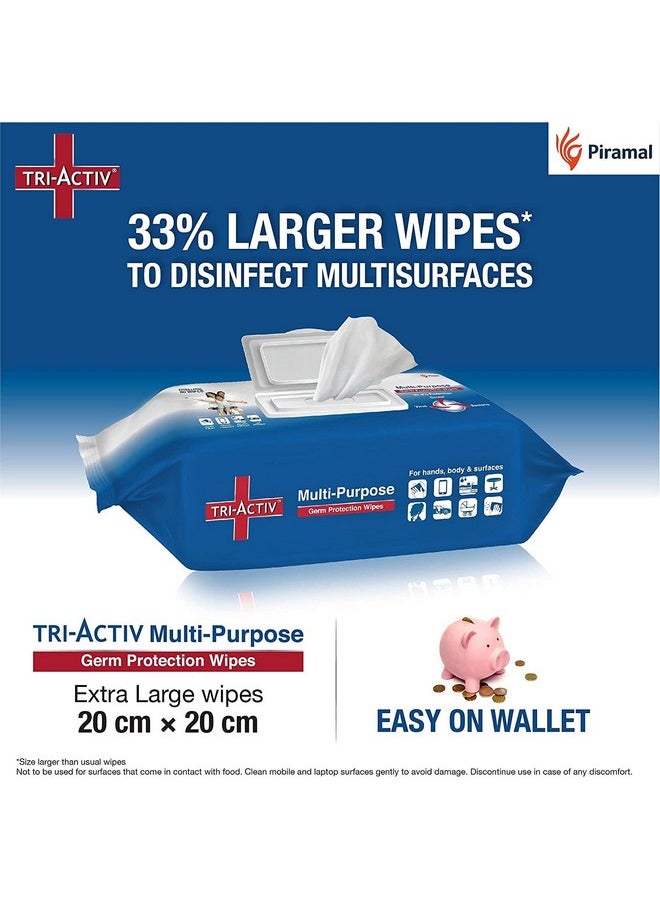 Tri-Activ Multi-Purpose Germ Protection Wipes | Disinfectant Wipes | Wet Wipes for Cleaning | Safe on Skin | Cleans appliances | Enriched with Aloe vera | 33% Extra Large 80 Wipes Lid pack | Pack of 3