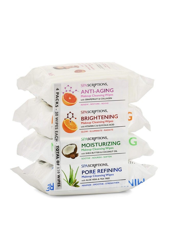 SpaScriptions Makeup Cleansing Wipes 30 CT, Variety 4 pack, 120 Count Total