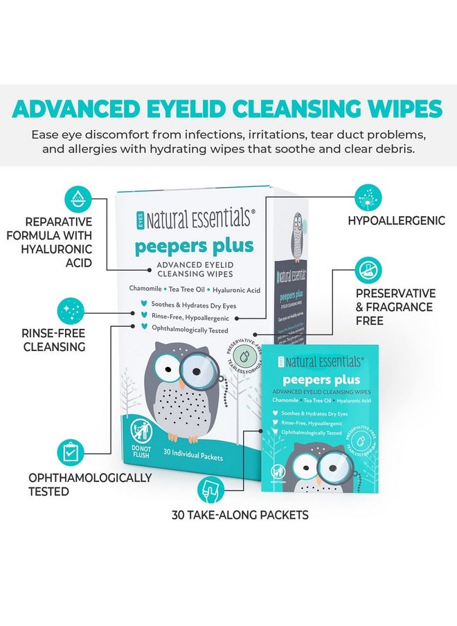 Peepers Plus Eyelid Wipes by Natural Essentials, Preservative-Free & Rinse-Free Eye Wipes for Daily Use, Hydrating & Moisturizing Hyaluronic Acid & Tea Tree Oil Soothes Allergy Dry Eyes, 30 Count