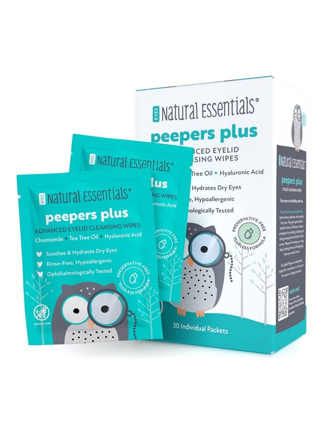 Peepers Plus Eyelid Wipes by Natural Essentials, Preservative-Free & Rinse-Free Eye Wipes for Daily Use, Hydrating & Moisturizing Hyaluronic Acid & Tea Tree Oil Soothes Allergy Dry Eyes, 30 Count