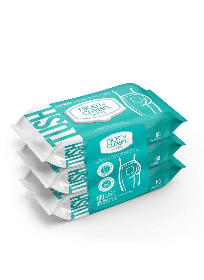 Nice 'N Clean Adult Flushable Wipes (3 x 60 Count) | Personal Cleansing Wipes Made from Plant-Based Fibers | Infused with Aloe & Vitamin E