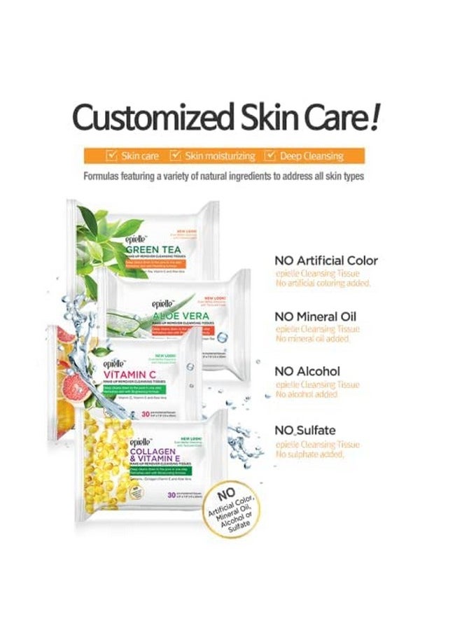 Epielle New Witch Hazel 30ct Makeup Cleansing Wipes Deep Cleans Pores & Refresh Skin with Calming Formula (6 packs)