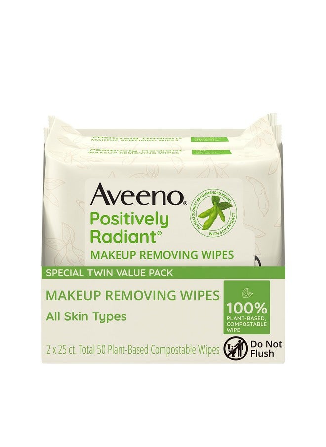 Aveeno Positively Radiant Oil-Free Makeup Removing Face Wipes to Help Even Skin Tone and Texture with Moisture-Rich Soy Extract, Gentle Facial Cleansing Wipes, Twin Pack, 2 x 25 ct.