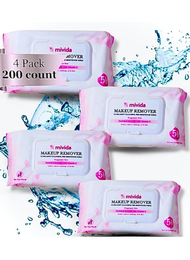 mivida Hypoallergenic Makeup Remover Wipes with Vitamin E | 4x50 count Total 200 bulk make up removing Wipes | Fragrance Free makeup wipes