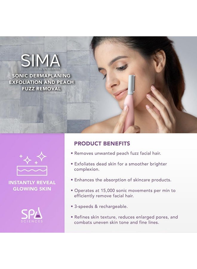 SPA SCIENCES - SIMA Sonic Dermaplaning Tool - Patented Painless 2 in 1 Facial Exfoliation & Peach Fuzz-Hair Removal System w/ 7 Weeks Treatment Included - Anti-Aging - 3 Speeds - Rechargeable