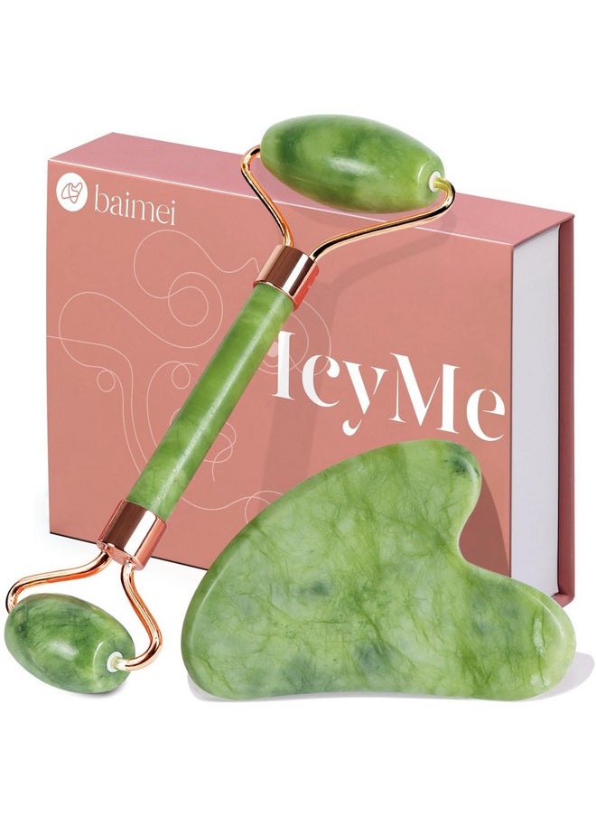BAIMEI IcyMe Gua Sha & Jade Roller Facial Tools Face Roller and Gua Sha Set for Puffiness and Redness Reducing Skin Care Routine, Self Care Gift for Men Women - Green