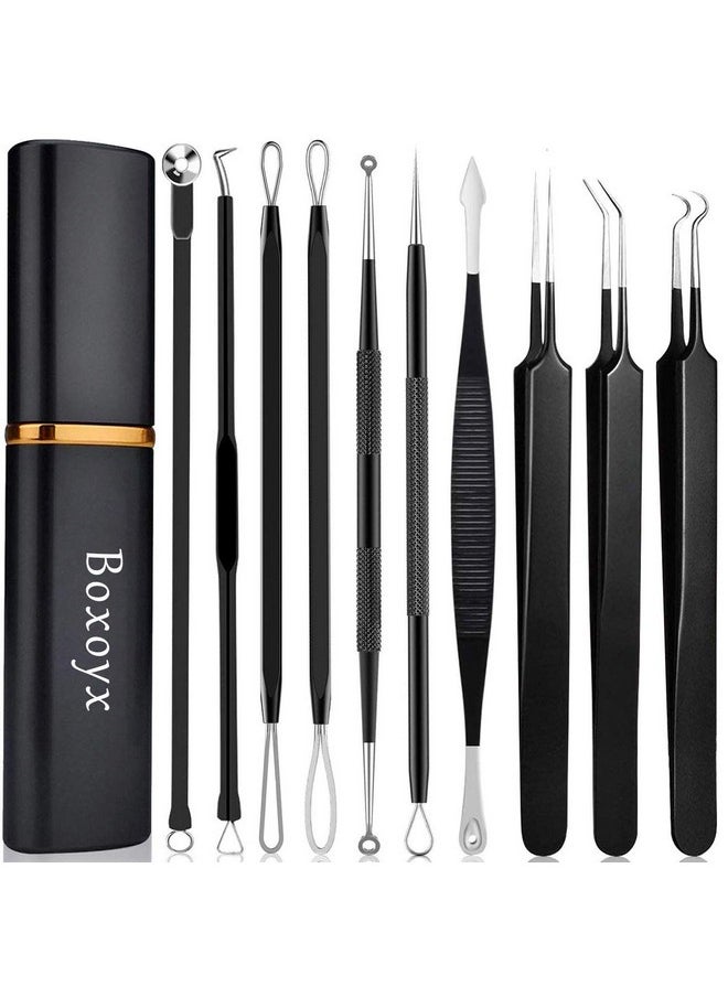 Pimple Popper Tool Kit - Boxoyx 10 Pcs Blackhead Remover Comedone Extractor Kit with Box for Quick and Easy Removal of Pimples, Blackheads, Zit Removing, Forehead,Facial and Nose (Black)
