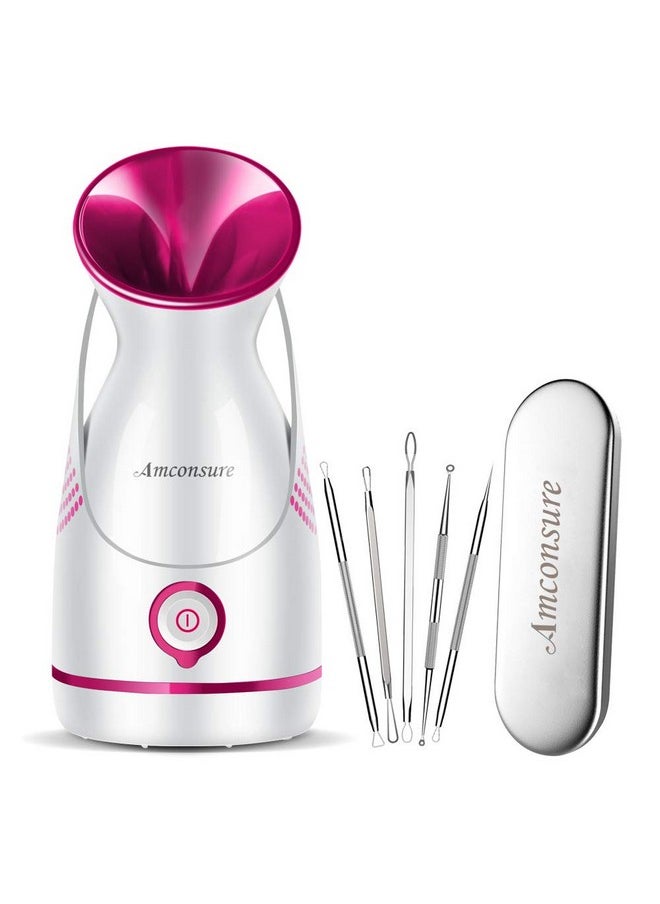 Amconsure Facial Steamer - Nano Ionic Face Steamer Warm Mist Steamer for Face Home Sauna SPA, Face Humidifier Steamer for Facial Deep Cleaning Unclogs Pores Sinuses - 5 Piece Stainless Steel Skin Kit