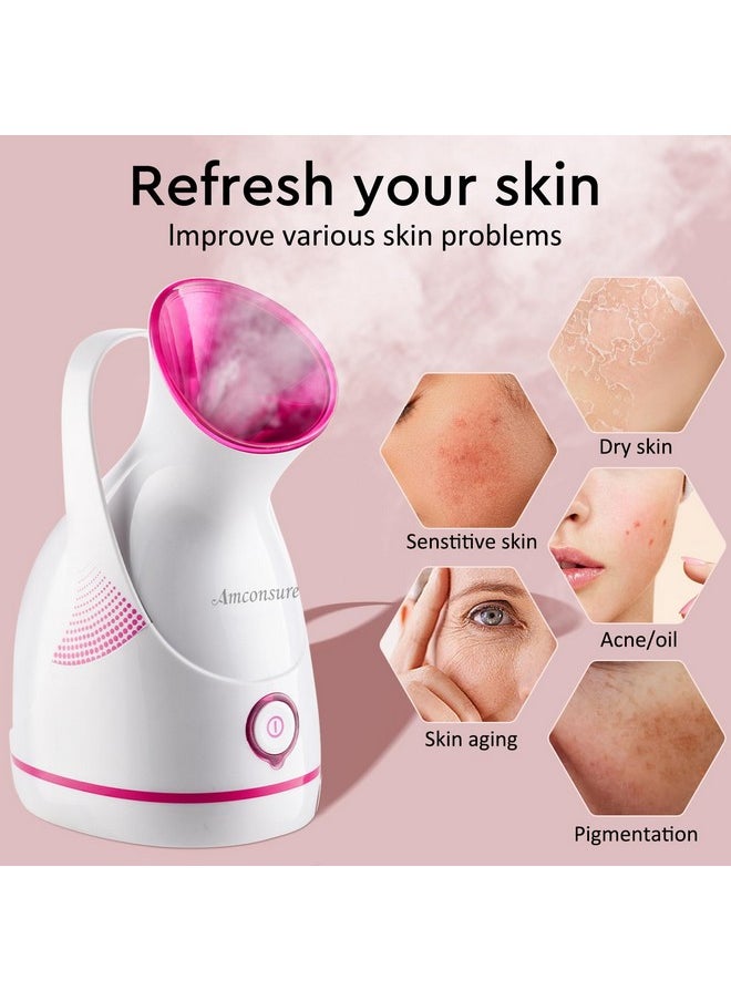 Amconsure Facial Steamer - Nano Ionic Face Steamer Warm Mist Steamer for Face Home Sauna SPA, Face Humidifier Steamer for Facial Deep Cleaning Unclogs Pores Sinuses - 5 Piece Stainless Steel Skin Kit