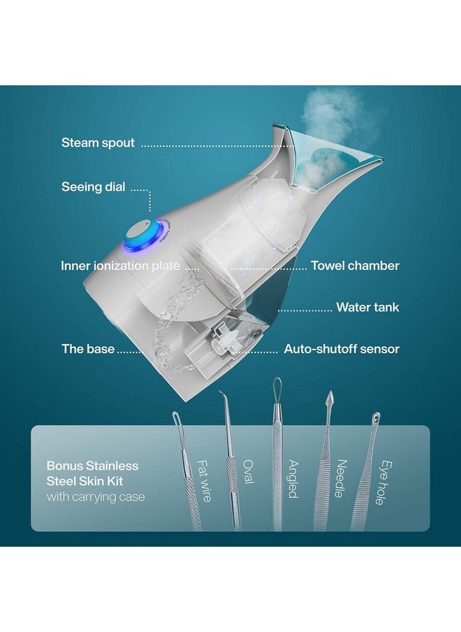 NanoSteamer Large 3-in-1 Nano Ionic Facial Steamer with Precise Temp Control - Humidifier - Unclogs Pores - Blackheads - Spa Quality - Bonus 5 Piece Stainless Steel Skin Kit (Teal)