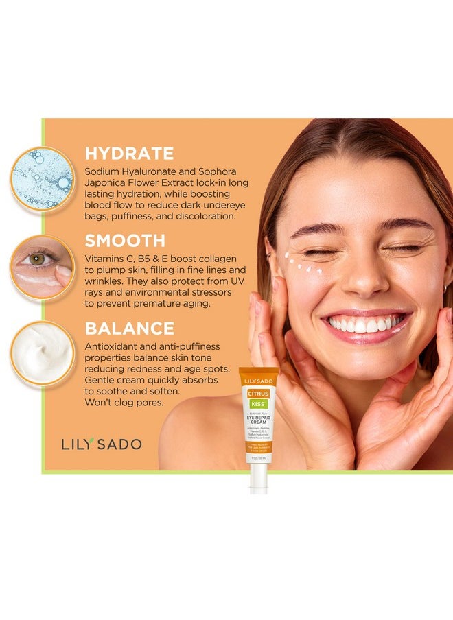 LILY SADO CITRUS KISS™ Eye Repair Cream - Antioxidant-Rich Natural Formula w/Peptides, Sodium Hyaluronate, and VITS C, B5 & E - Prevents Puffiness, Under-eye Wrinkles, Discoloration & Eye Bags - 1oz