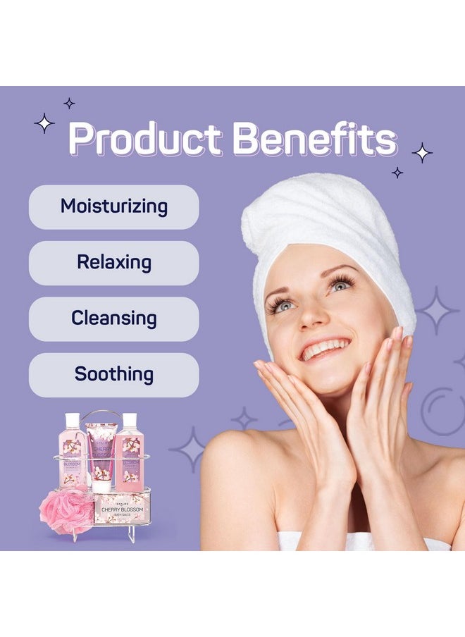 SpaLife Cherry Blossoms Gift Set - 5-Piece Bath and Shower Caddie, Bubble Bath, Shower Gel, Bath Salts, Body Lotion, Relaxing Luxury at Home Spa Experience, Perfect Christmas Bath Gift for Women
