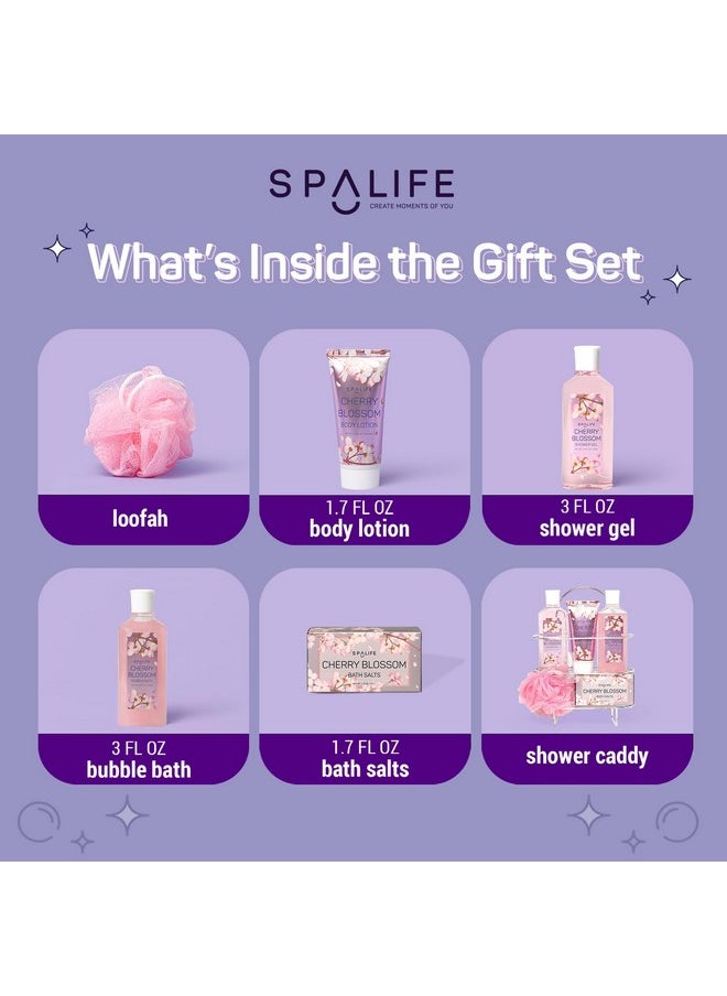 SpaLife Cherry Blossoms Gift Set - 5-Piece Bath and Shower Caddie, Bubble Bath, Shower Gel, Bath Salts, Body Lotion, Relaxing Luxury at Home Spa Experience, Perfect Christmas Bath Gift for Women