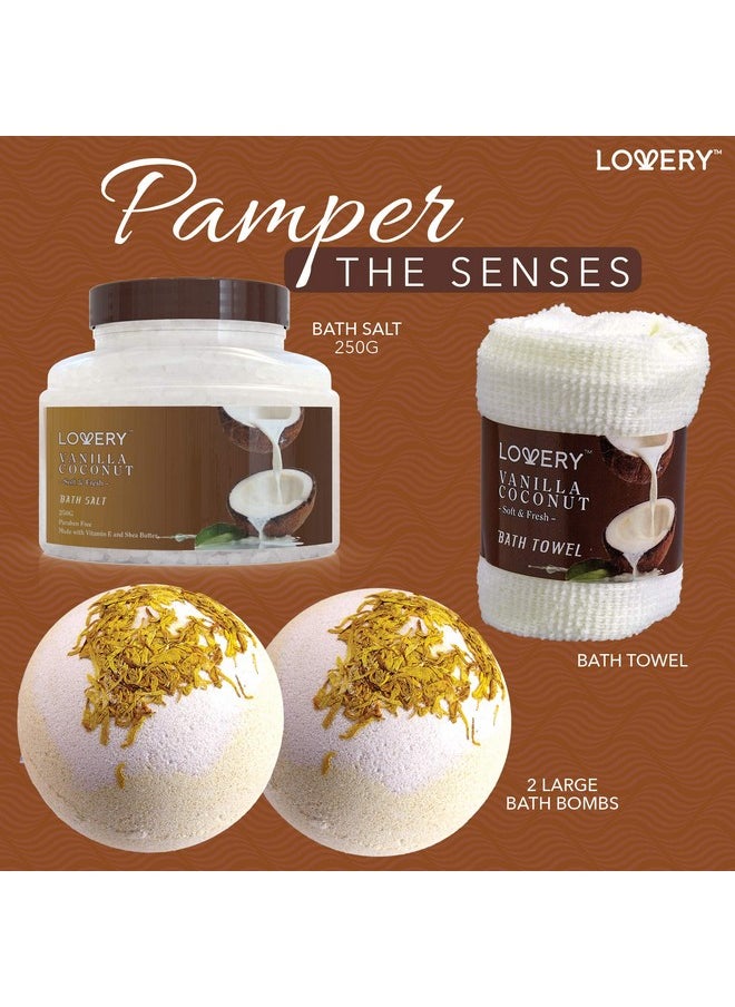 Bath and Body Gift Basket For Women and Men - 9 Piece Set of Vanilla Coconut Home Spa Set, Includes Fragrant Lotions, Extra Large Bath Bombs, Coconut Oil, Luxurious Bath Towel & More
