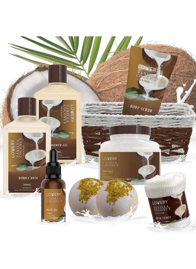 Bath and Body Gift Basket For Women and Men - 9 Piece Set of Vanilla Coconut Home Spa Set, Includes Fragrant Lotions, Extra Large Bath Bombs, Coconut Oil, Luxurious Bath Towel & More