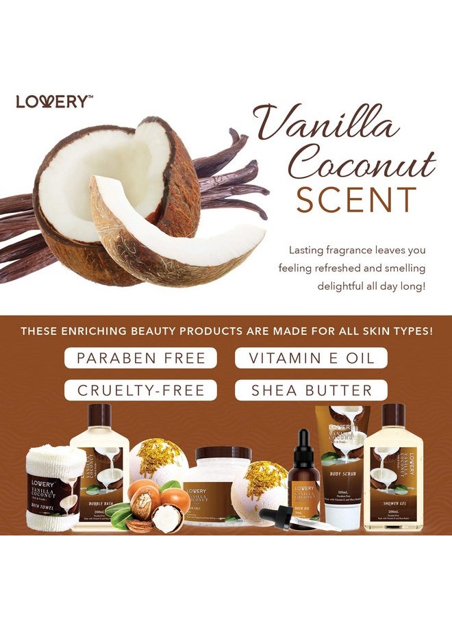 Bath and Body Gift Basket For Women and Men - 9 Piece Set of Vanilla Coconut Home Spa Set, Includes Fragrant Lotions, Extra Large Bath Bombs, Coconut Oil, Luxurious Bath Towel & More