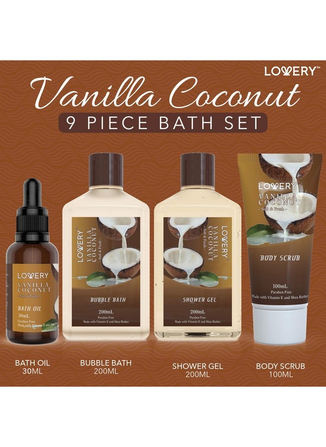 Bath and Body Gift Basket For Women and Men - 9 Piece Set of Vanilla Coconut Home Spa Set, Includes Fragrant Lotions, Extra Large Bath Bombs, Coconut Oil, Luxurious Bath Towel & More