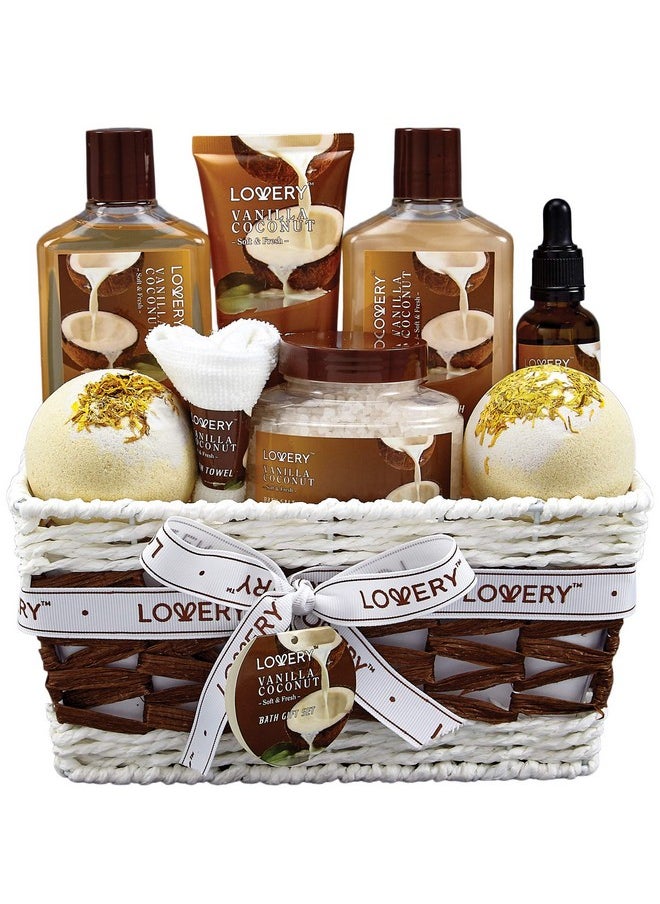 Bath and Body Gift Basket For Women and Men - 9 Piece Set of Vanilla Coconut Home Spa Set, Includes Fragrant Lotions, Extra Large Bath Bombs, Coconut Oil, Luxurious Bath Towel & More