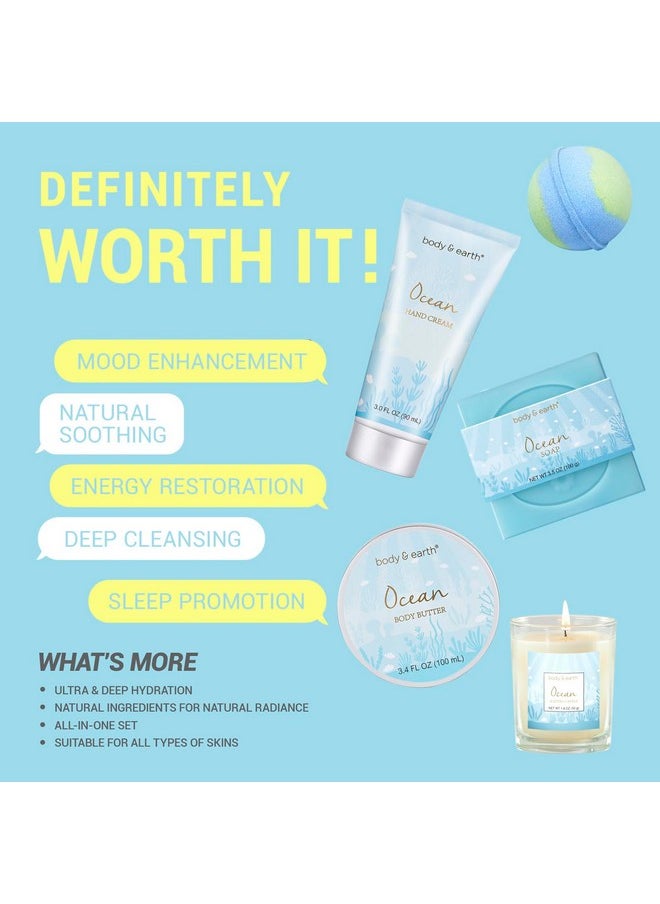 Gifts for Women, Bath and Body Gift Sets for Women with 5 Pcs Ocean Scented Spa Gifts for Women, Bath Gifts for Women with Scented Candle Body Butter Hand Cream Bath Bomb Womens Gifts for Christmas