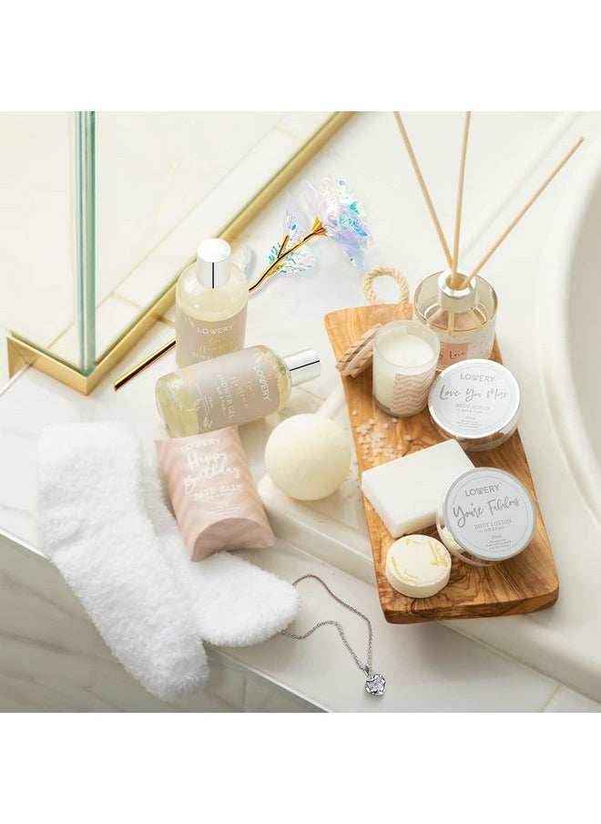 Birthday Gifts for Women, Birthday Spa Gift Basket for Women, Luxury Birthday Spa Gift Box with Vit E, Rich Bath Essentials, Diffuser, Candle, Sterling Silver CZ Heart Necklace, 24k Flower Rose & More