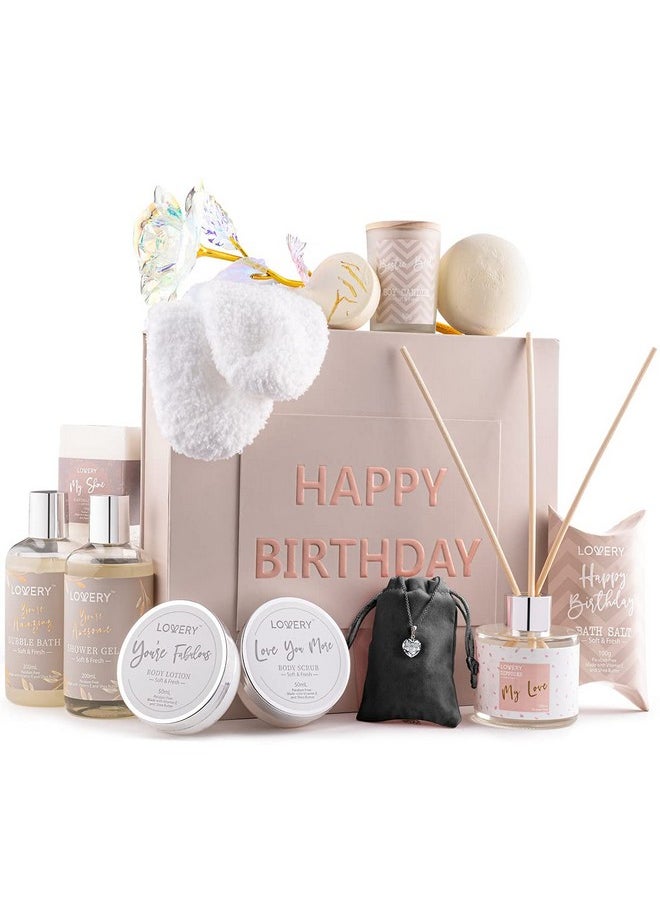 Birthday Gifts for Women, Birthday Spa Gift Basket for Women, Luxury Birthday Spa Gift Box with Vit E, Rich Bath Essentials, Diffuser, Candle, Sterling Silver CZ Heart Necklace, 24k Flower Rose & More